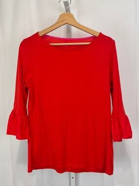 BODEN Rae 3/4 Ruffle Sleeve Tee Top J0071 Cotton Modal Red UK 14 US 10